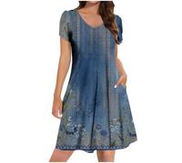 Ladies Summer Dresses with Pockets, Women's Petite Shirt Dress UK Sale Clearance Casual Elegant A Line Swing Skaterdress Short Sleeve V Neck Holiday Clothes Floral Sundresses for Occasions