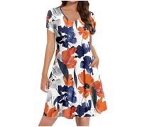Ladies Summer Dresses with Pockets, Women's Petite Shirt Dress UK Sale Clearance Casual Elegant A Line Swing Skaterdress Short Sleeve V Neck Holiday Clothes Floral Sundresses for Occasions