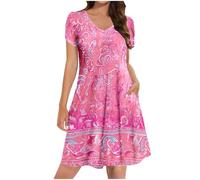 Ladies Summer Dresses with Pockets, Women's Petite Shirt Dress UK Sale Clearance Casual Elegant A Line Swing Skaterdress Short Sleeve V Neck Holiday Clothes Floral Sundresses for Occasions