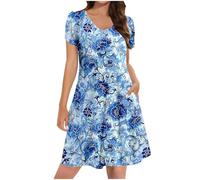 Ladies Summer Dresses with Pockets, Women's Petite Shirt Dress UK Sale Clearance Casual Elegant A Line Swing Skaterdress Short Sleeve V Neck Holiday Clothes Floral Sundresses for Occasions