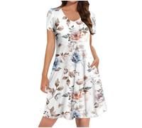 Ladies Summer Dresses with Pockets, Women's Petite Shirt Dress UK Sale Clearance Casual Elegant A Line Swing Skaterdress Short Sleeve V Neck Holiday Clothes Floral Sundresses for Occasions