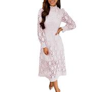 Ladies Summer Dresses Women Summer Lace Hollowed Out Clothes Slim Stand Collar Puff Sleeve Solid Long Dress A Line Outfits 2026 (Beige, M)