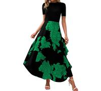 Ladies Summer Dresses, Womens Summer Flowy Tiered Midi Dress Floral Print Ruffle Petal Short Sleeve Crew Neck Casual High Waist A Line Beach Long Dresses Gifts for Teens,Dark Green,XXL,u517k
