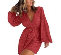 Ladies Summer Jumpsuits -Women Jumpsuit Romper For Summer Plus Size Elegant Sleeve Belted Sequin Romper (Red XXL)