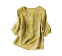 Ladies Summer Linen Boho Tops for Women UK Sales Plus Size Vintage Embroidered Button Short Sleeve Bohemian T Shirts New Loose Casual Crew Neck Solid Color Work Blouse Womens Daily Essential Top Shirt