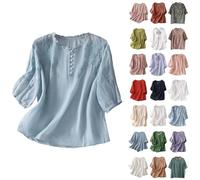 Ladies Summer Linen Boho Tops for Women UK Sales Plus Size Vintage Embroidered Button Short Sleeve Bohemian T Shirts New Loose Casual Crew Neck Solid Color Work Blouse Womens Daily Essential Top Shirt