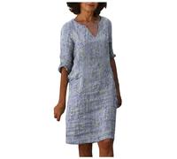 Ladies Summer Midi Dresses with Sleeves Linen Casual Holiday Shfit Dresses for Women UK V Neck A-line Dress Sundress Solid Elegant Dress Blue XXL