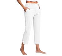 Ladies Summer Pants Linen Cropped Pants Capris for Seniors Elastic Waist Fashionable Style Flax Breathable Cool Comfortable Short Busiss Leisure,Boho Beach,School,Video Shooting White