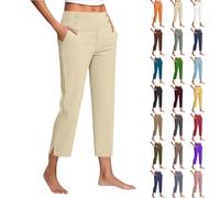 Ladies Summer Pants Linen Cropped Pants Capris for Seniors Elastic Waist Fashionable Style Flax Breathable Cool Comfortable Short Busiss Leisure,Boho Beach,School,Video Shooting Beige