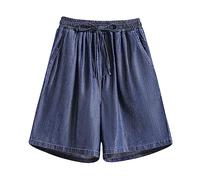 Ladies Summer Shorts Loose Comfy Flowy Wide Leg Denim Shorts Knee Length Elastic Waist Drawstring Culottes Short Hotpants Drawstring Summer Short Pants with Pockets