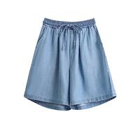 Ladies Summer Shorts Loose Comfy Flowy Wide Leg Denim Shorts Knee Length Elastic Waist Drawstring Culottes Short Hotpants Drawstring Summer Short Pants with Pockets