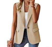 Ladies Summer Sleeveless Button Vest with Pockets, Solid Color Polyester for Vacation, Yoga, and Outdoor Activities (L Beige)
