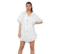 Ladies Summer Swing Mini Dress New Womens Short Smock Pleated Peplum Frill Collared Shirt Top Dresses White