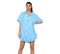 Ladies Summer Swing Mini Dress Womens Short Smock Pleated Peplum Frill Collared Shirt Top Dresses Sky Blue