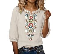 Ladies Summer Tops Boho Tops for Women UK Cotton Linen Half Sleeve Embroidery Blouse Elegant Casual Summer Breathable T Shirts Lightweight Fashion Bohemian Tunic Top Cute Cosy Clothes Beige