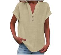 Ladies Summer Tops Cotton Linen Oversized T-Shirt Cap Sleeve Button V Neck Tunic Tops Vacation Outifts Baggy Solid Plain Tee Shirts Dressy Casual Blouses for Women UK Plus Size 8-22