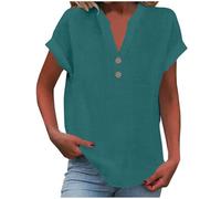 Ladies Summer Tops Cotton Linen Oversized T-Shirt Cap Sleeve Button V Neck Tunic Tops Vacation Outifts Baggy Solid Plain Tee Shirts Dressy Casual Blouses for Women UK Plus Size 8-22