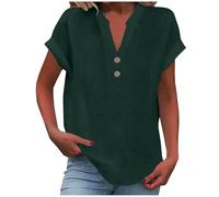 Ladies Summer Tops Cotton Linen Oversized T-Shirt Cap Sleeve Button V Neck Tunic Tops Vacation Outifts Baggy Solid Plain Tee Shirts Dressy Casual Blouses for Women UK Plus Size 8-22