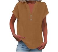 Ladies Summer Tops Cotton Linen Oversized T-Shirt Cap Sleeve Button V Neck Tunic Tops Vacation Outifts Baggy Solid Plain Tee Shirts Dressy Casual Blouses for Women UK Plus Size 8-22