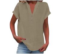 Ladies Summer Tops Cotton Linen Oversized T-Shirt Cap Sleeve Button V Neck Tunic Tops Vacation Outifts Baggy Solid Plain Tee Shirts Dressy Casual Blouses for Women UK Plus Size 8-22