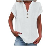 Ladies Summer Tops Cotton Linen Oversized T-Shirt Cap Sleeve Button V Neck Tunic Tops Vacation Outifts Baggy Solid Plain Tee Shirts Dressy Casual Blouses for Women UK Plus Size 8-22
