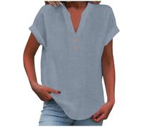 Ladies Summer Tops Cotton Linen Oversized T-Shirt Cap Sleeve Button V Neck Tunic Tops Vacation Outifts Baggy Solid Plain Tee Shirts Dressy Casual Blouses for Women UK Plus Size 8-22