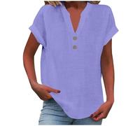 Ladies Summer Tops Cotton Linen Oversized T-Shirt Cap Sleeve Button V Neck Tunic Tops Vacation Outifts Baggy Solid Plain Tee Shirts Dressy Casual Blouses for Women UK Plus Size 8-22