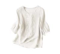 Ladies Summer Tops Linen Tops for Women UK Plus Size Short Sleeve Tunic Blouse Retro Jacquard T-Shirts Baggy Loose Fit Shirt Lightweight Flowy Hem Boho Tee Shirts 3-White XXL