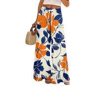 Ladies Summer Trousers Botanical Printed Wide Leg Palazzo Trousers with Elasticated Waist Womens Lightweight Palazzo Pants with Side Slits Flowy Casual Beach & Holiday Trousers Orange