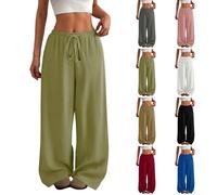 Ladies Summer Trousers Elasticated Waist Palazzo Flared Long Pants Casual Drawstring High Waisted Straight Wide Leg Lounge Bottoms Loose Fit Baggy Trouser Pant for Women UK Beach Green S