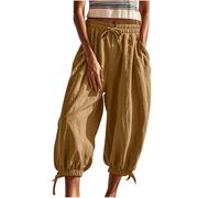 Ladies Summer Trousers UK My Orders Cheesecloth Harem Pants High Waist Lace Up Lounge Pants Solid Color Cropped Trousers with Pocket Baggy Joggers Casual Sweatpants Activewear Jogging Bottoms Yellow