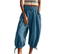 Ladies Summer Trousers UK My Orders Cheesecloth Harem Pants High Waist Lace Up Lounge Pants Solid Color Cropped Trousers with Pocket Baggy Joggers Casual Sweatpants Activewear Jogging Bottoms