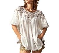 Ladies Summer White Lace T-shirt Broderie Anglaise Crew Neck Short Sleeve Tops for Women Loose Fit Cheesecloth Blouse with Lace Paneling for Casual Vacation (UK, Alpha, S, Regular, Regular, White)