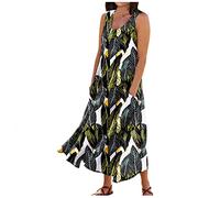 Ladies Sun Dresses Size 16 Party Summer Casual Printed Crew Neck Sleeveless Maxi Dresses Plus Size Dress with Pockets Womens Summer Dress (Black, 3XL)