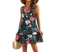 Ladies Sun Dresses UK Clearance, Womens Sundress Ladies Summer Spaghetti Strap Floral V Neck Backless A-Line Casual Beach Mini Dress Gifts for Her,Dark Green,S,u503k