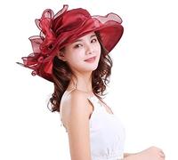 Ladies Sun Hat with Mesh Flower Decorative Bow Foldable Wide Brim Hat Occasion Event Organza Fancy Church Dress Hat Adjustable Beach Sun Protection Hat Wine Red