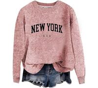Ladies' Sweater Jumpers for Women UK New York USA Print Sweatshirts Autumn and Winter Letter Printed Long Sleeve Pullover Oversized Crewneck Sweatshirt Workout Shirts Pink