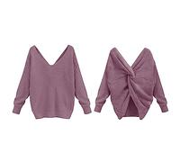 Ladies Sweaters Lightweight Soft Essentials Printed Jumpers Trendy Long Sleeve V Neck Tops Stretch Curved Hem Warm Loose Fit Pullover Pretty Knitted Open Back Pullovers Autumn Winter Purple