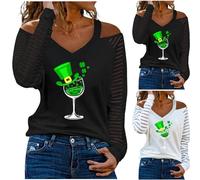 Ladies Sweatshirt for St. Patricks Day Off Shoulder Tops UK Clearance Irish Lucky Green Wine Glass Printed T-Shirts Women Paddy's Day Hat Print Cut-Out Pullover Womens Ireland Casual Loose Jumper Tees