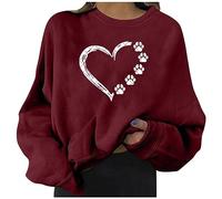 Ladies Sweatshirt Womans Jumpers Casual Loose Winter Tops for Women UK Dog Paw Print Oversized Sweater Crewneck Ladies Sweaters Blouses Pullover Women Long Sleeve T Shirts Women Wine