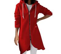 Ladies Sweatshirts and Hoodies,Longline Hoodie Full Zip Oversized Knee Length Asymmetric Hooded Jackets Autumn Winter Fleece Thermal Ladies Tunic Sweatshirt Coats Baggy Cozy Outerwear Cardigans Red