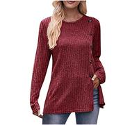 Ladies Sweatshirts Long Sleeve Solid Color Jumpers Lightweight Ribbed Knitted Tunics Sweaters Round Neck Soft Comfy Basic Sweater Pullover Loose Casual Button Sweatshirt