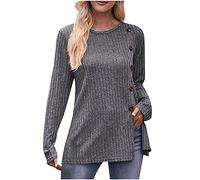 Ladies Sweatshirts Long Sleeve Solid Color Jumpers Lightweight Ribbed Knitted Tunics Sweaters Round Neck Soft Comfy Basic Sweater Pullover Loose Casual Button Sweatshirt