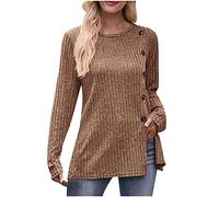 Ladies Sweatshirts Long Sleeve Solid Color Jumpers Lightweight Ribbed Knitted Tunics Sweaters Round Neck Soft Comfy Basic Sweater Pullover Loose Casual Button Sweatshirt