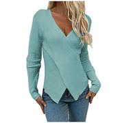 Ladies Sweatshirts Long Sleeve V Neck Knitted Pullover Sweater Casual Cross Wrap Front Cable Knitwear Jumpers Solid Elegant Stretch Comfy Sweaters Fall Winter Clothes
