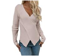Ladies Sweatshirts Long Sleeve V Neck Knitted Pullover Sweater Casual Cross Wrap Front Cable Knitwear Jumpers Solid Elegant Stretch Comfy Sweaters Fall Winter Clothes