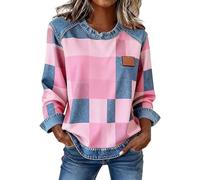 Ladies Sweatshirts Without Hood Trendy Denim Patchwork Plaid Sweatshirt Oversized Colour Block Stitching Denim Shirt Crew Neck Pullovers Long Sleeve Going Out Tops Spring Holiday Wear,Pink,M