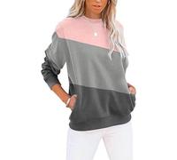 Ladies Sweatshirts without Hood, Womens Warm Basic Sweatshirt with Pockets Crewneck Casual Pullover Tops Color Block Loose Comfortable Jumpers for Leggings Gifts for Her,Pink,S,u384a