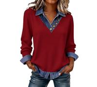 Ladies Sweatshirts, Women's Denim Patchwork Sweatshirt Pullover Long Sleeve V-Neck Shirt Blouse Button Down Shirts Trendy Ladies Blouses Tops Casual Lightweight Spring Fall Outfits