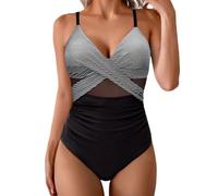 Ladies Swimwear Clearance Women's Tummy Control Swimsuit Colorblock One Piece Swimming Costume Twist Front Bathing Suit Spaghetti Strap Swim Bodysuits High Waisted Bikini Holiday Beachwear Gray